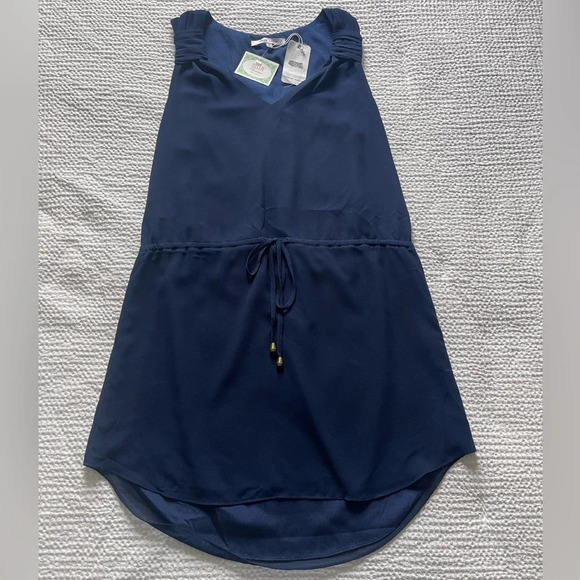 NWT Naked Zebra Navy Blue Mini Dress Tank Top V Neck Drawstring Waist Size Small - Picture 1 of 5
